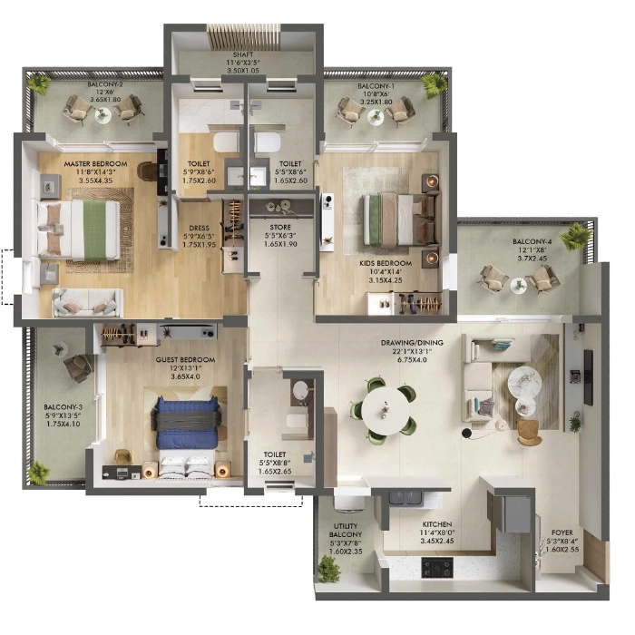 Ashiana Aaroham 3 BHK Type-II Floor Plan